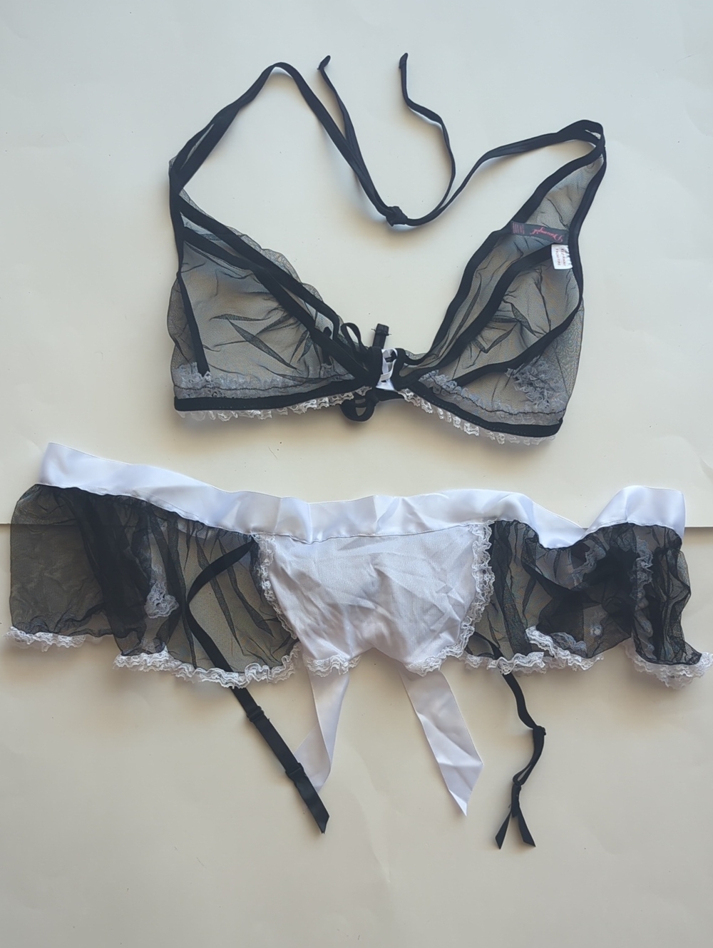 Dreamgirl French Maid Lingerie Costume Set with Sheer Bralette and Ruffled Skirt